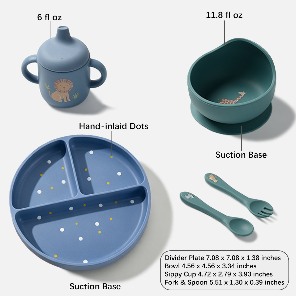 A children's feeding set on a light gray background with labeled callouts: a blue sippy cup, a teal suction bowl with spoon and fork, a blue divided plate, and a size/specification box in the bottom right. The set includes hand-inlaid dots and printed lion graphics.