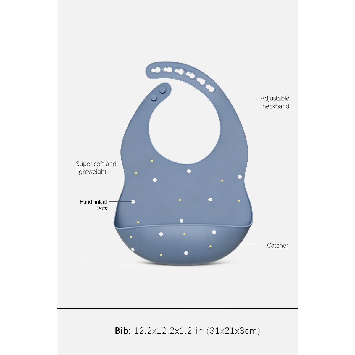 A blue baby bib with white polka dots and callout labels showing features like an adjustable neckband, hand-in-hand dots, catcher, and dimensions at the bottom.