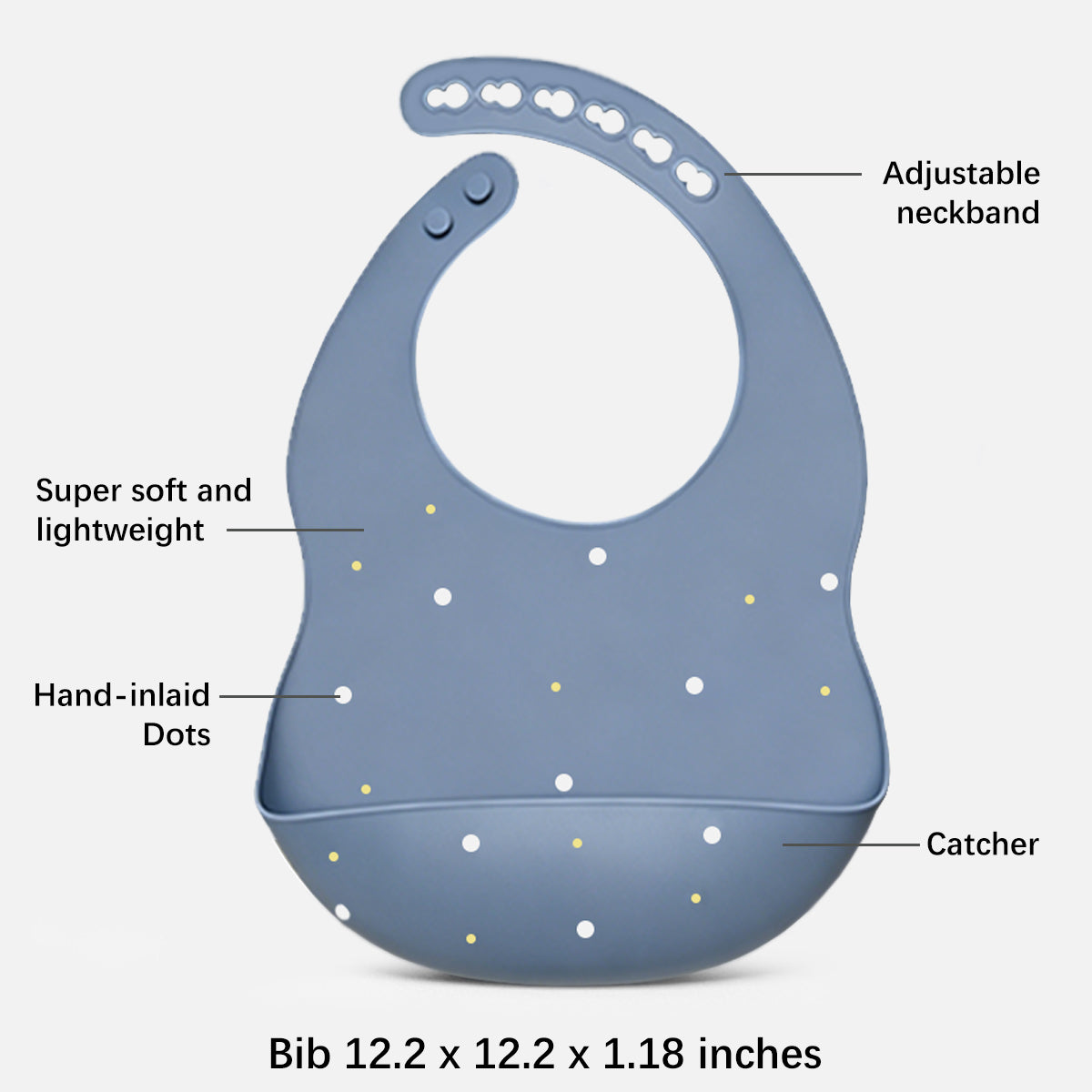 A blue baby bib with white and yellow dots, shown with callout labels pointing to its features: adjustable neckband, super soft and lightweight, hand-inlaid dots, catcher, and size 12.2 x 12.