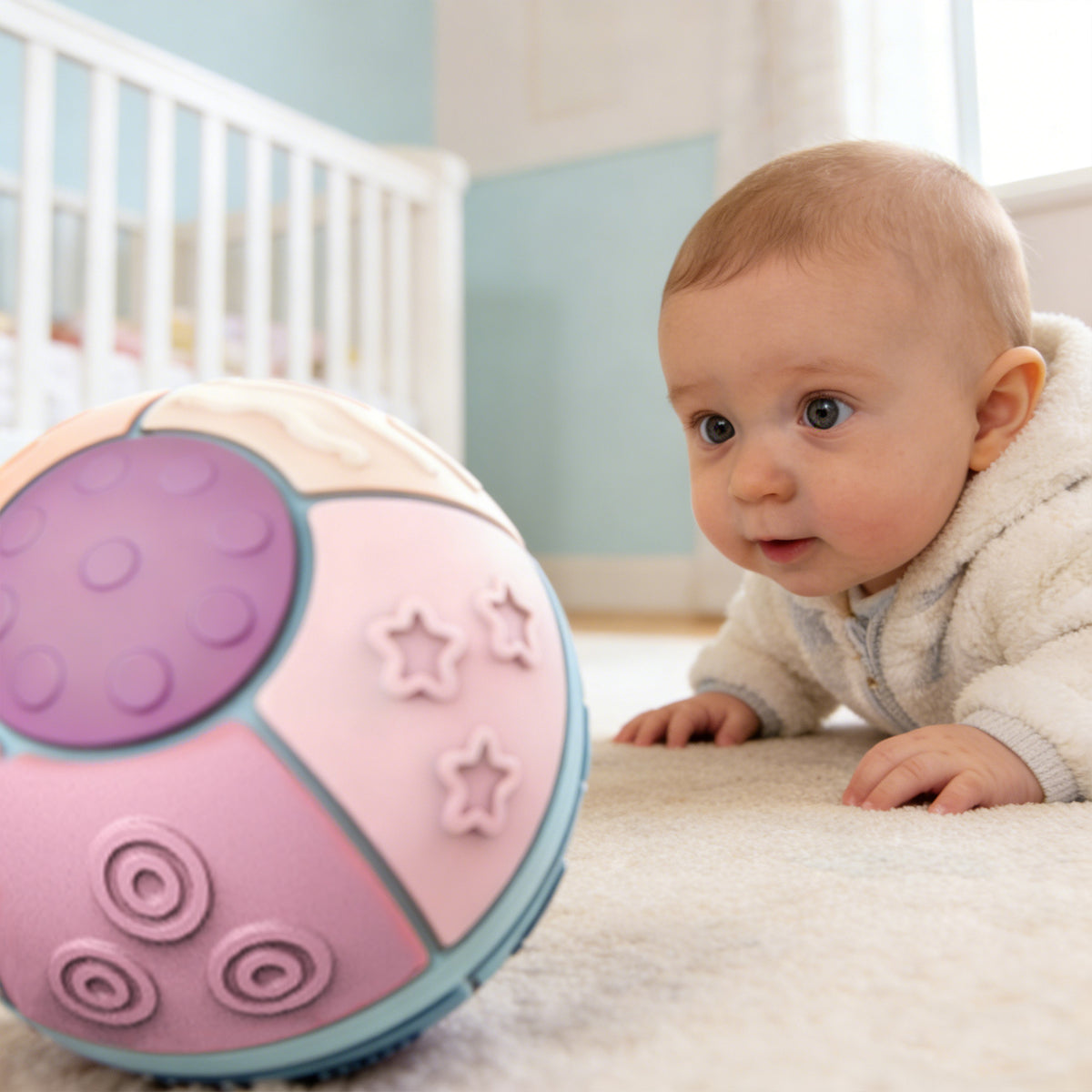 Baby playing with a colorful ball in a crib
