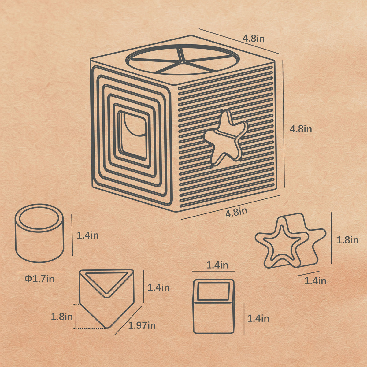 A line-drawn dimension diagram on a tan paper-like background showing a small box-like item with star and square cutouts, plus several smaller component shapes with measurements in inches.